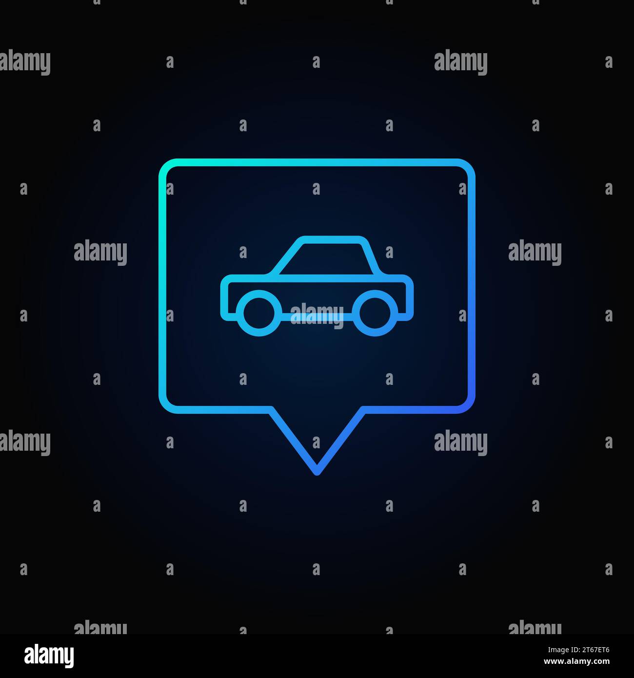 Blue car in square pin - vector car side view outline sign on dark ...