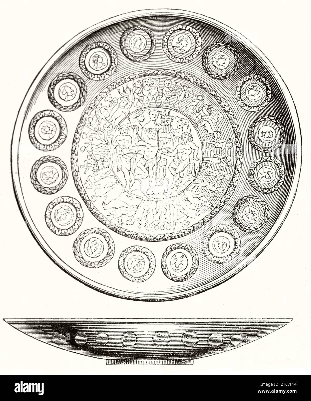 Old illustration of a golden patera (metal libation bowl). By unidentified author, publ. on Magasin Pittoresque, Paris, 1851 Stock Photo