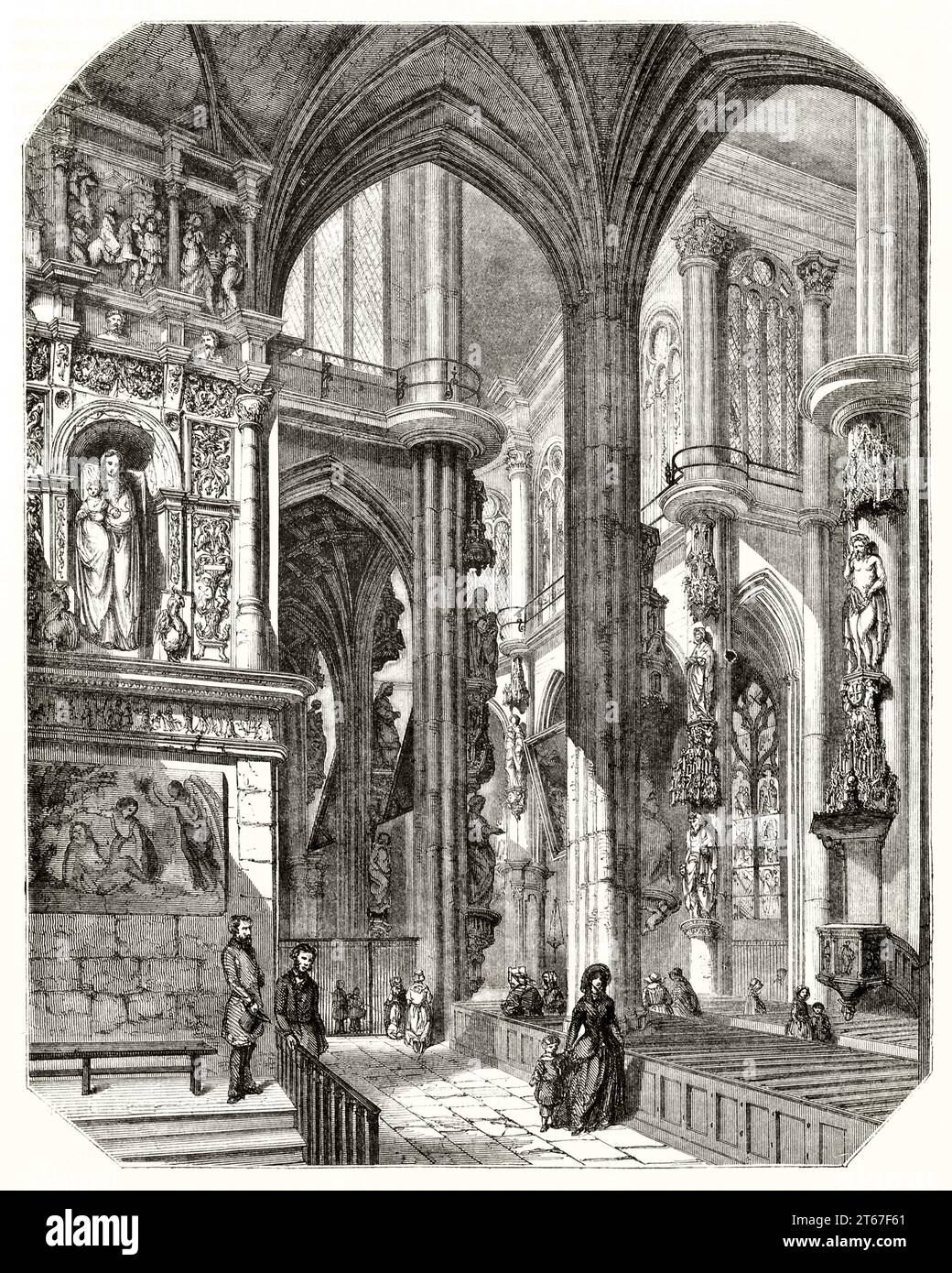 Old internal view of Saint-Pantaléon church, Troyes, France. By Lancelot, publ. on Magasin Pittoresque, Paris, 1851 Stock Photo