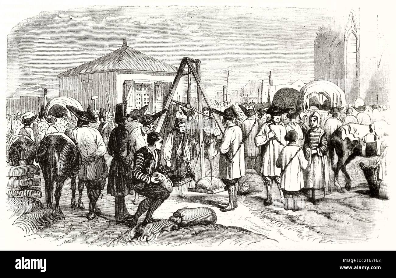 Old illustration of  French Atlantic coast salterns workers (paludiers) preparing to barter. By Grandsire, publ. on Magasin Pittoresque, Paris, 1851 Stock Photo