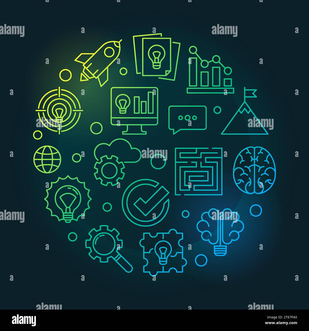 Brainstorm round creative thin line illustration. Vector Brainstorming concept linear symbol on dark background Stock Vector