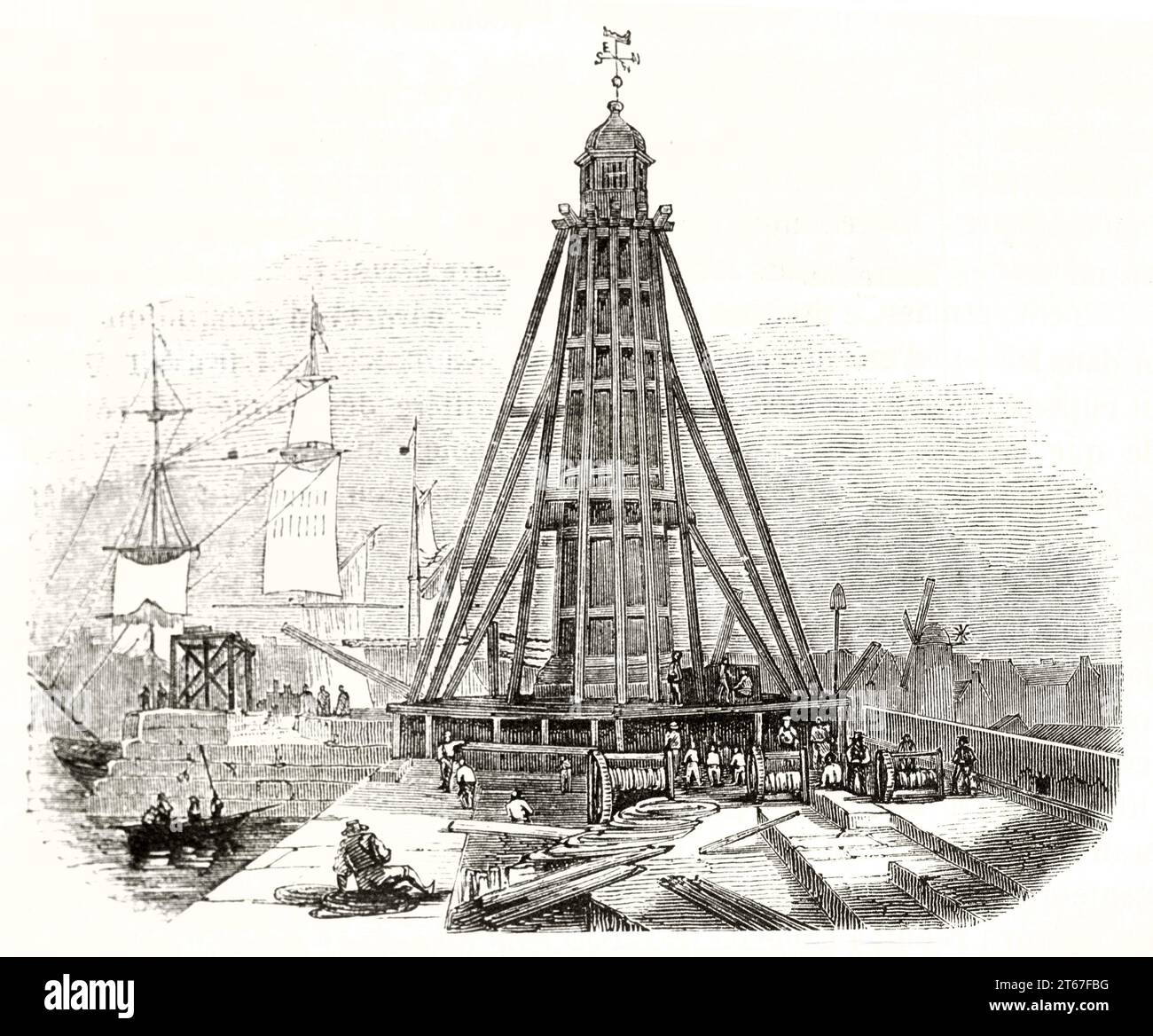 Old illustration of Sunderland lighthouse and lifting scaffold. By unidentified author, publ. on Magasin Pittoresque, Paris, 1851 Stock Photo