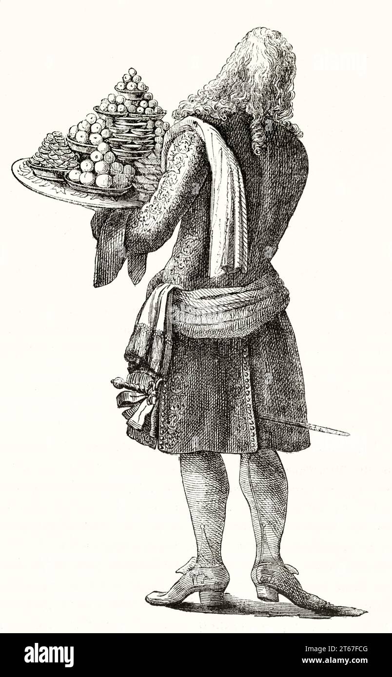 Valet carrying a tray of pastries in the Cour of Louis XIV. After antique illustrated calendar, publ. on Magasin Pittoresque, Paris, 1851 Stock Photo