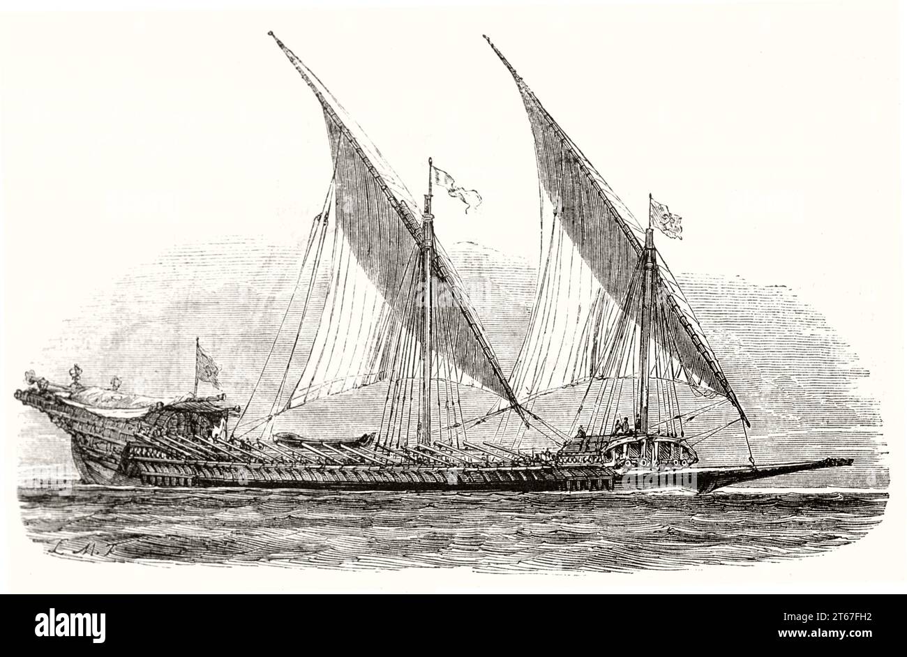 Old vessel illustration: 17th century Galley. By Morel-Fatio,  publ. on Magasin Pittoresque, Paris, 1851 Stock Photo