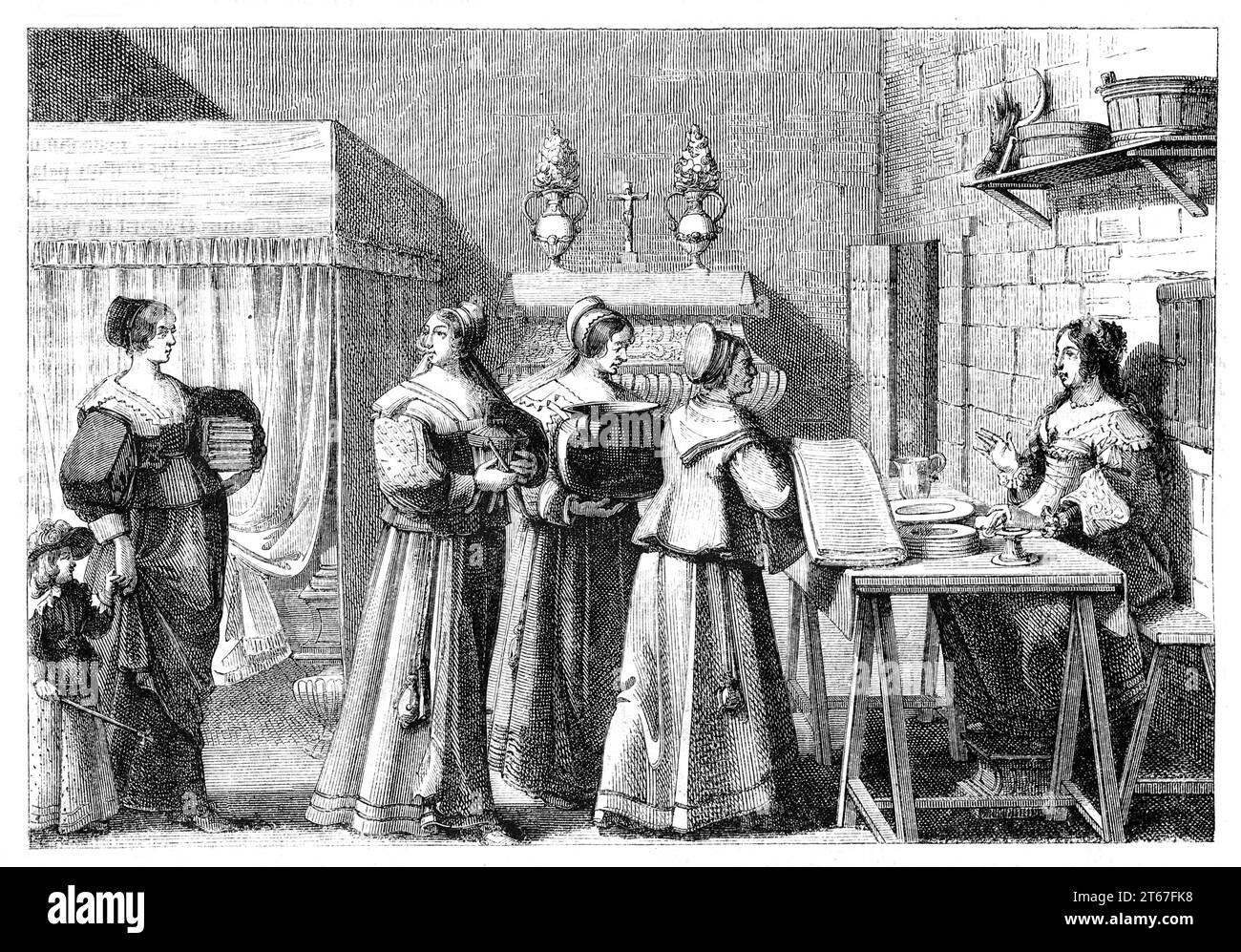 Old illustration of women delivering wedding gifts. By Pauquet after Bosse, publ. on Magasin Pittoresque, Paris, 1851 Stock Photo