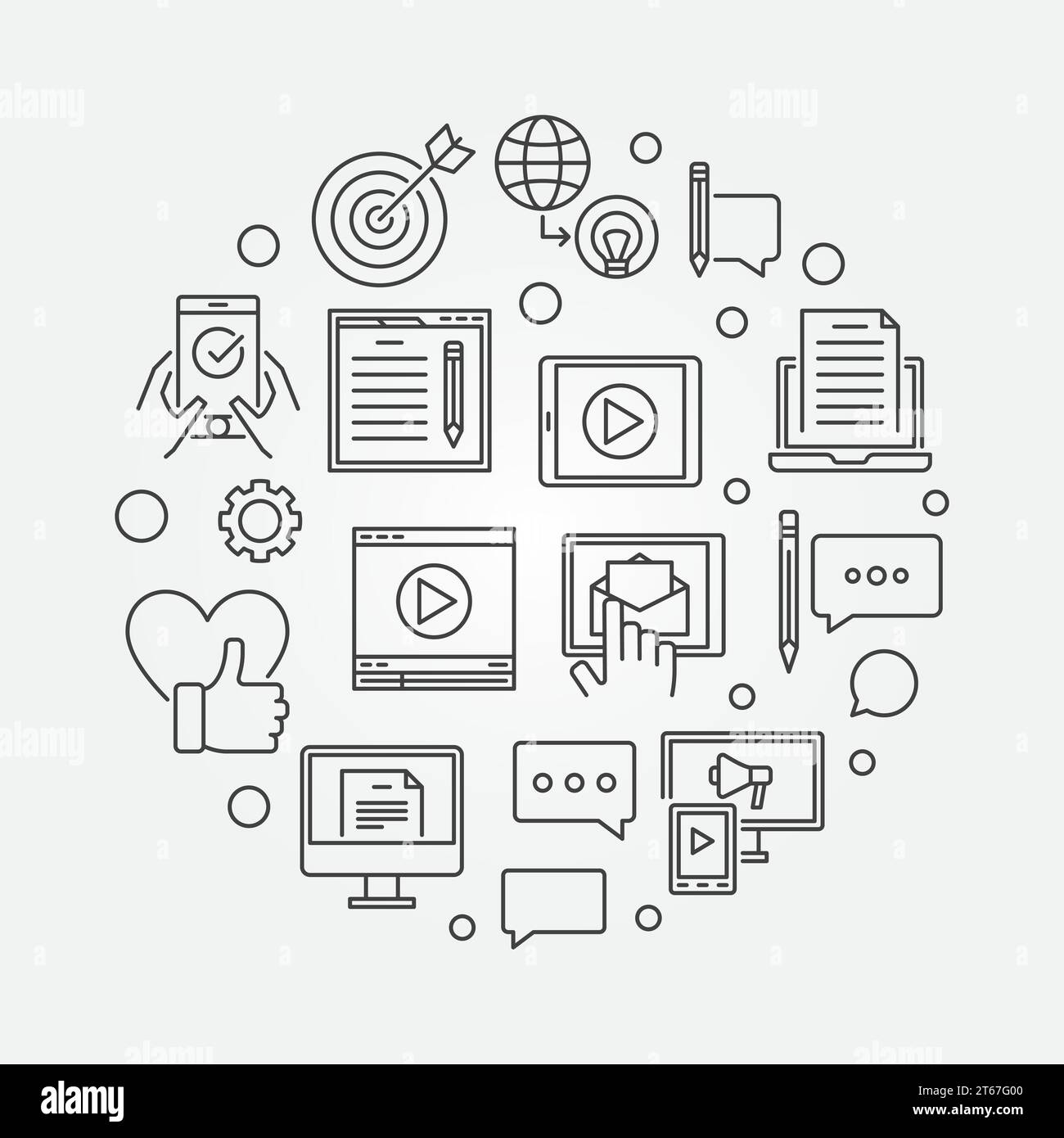 Digital Content round vector illustration in thin line style Stock Vector