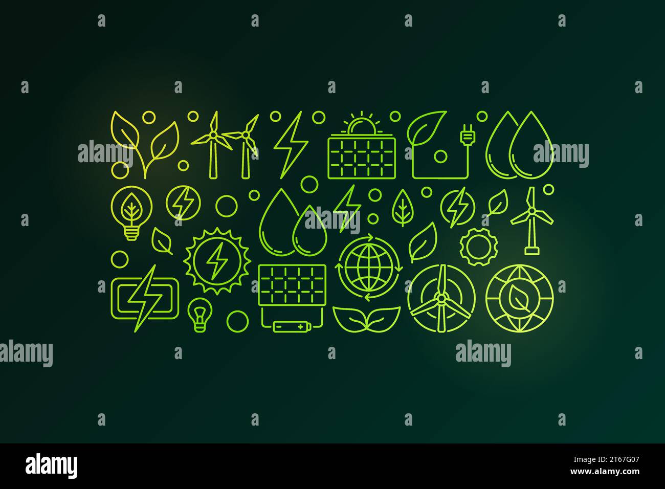 Eco green energy colorful vector illustration in thin line style on dark background Stock Vector