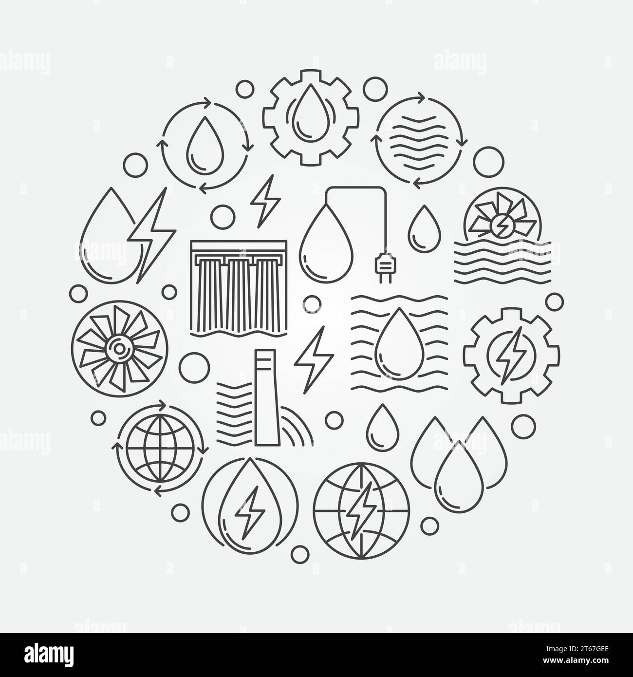 Hydropower concept circular illustration made with electricity and ...