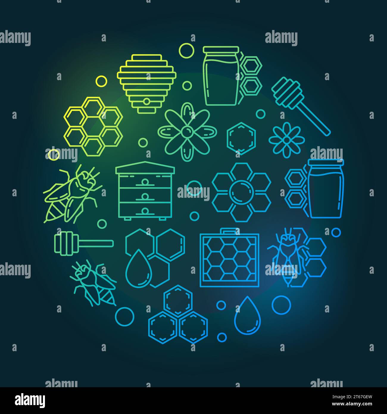 Apiary and beekeeping round vector colored illustration in thin line ...
