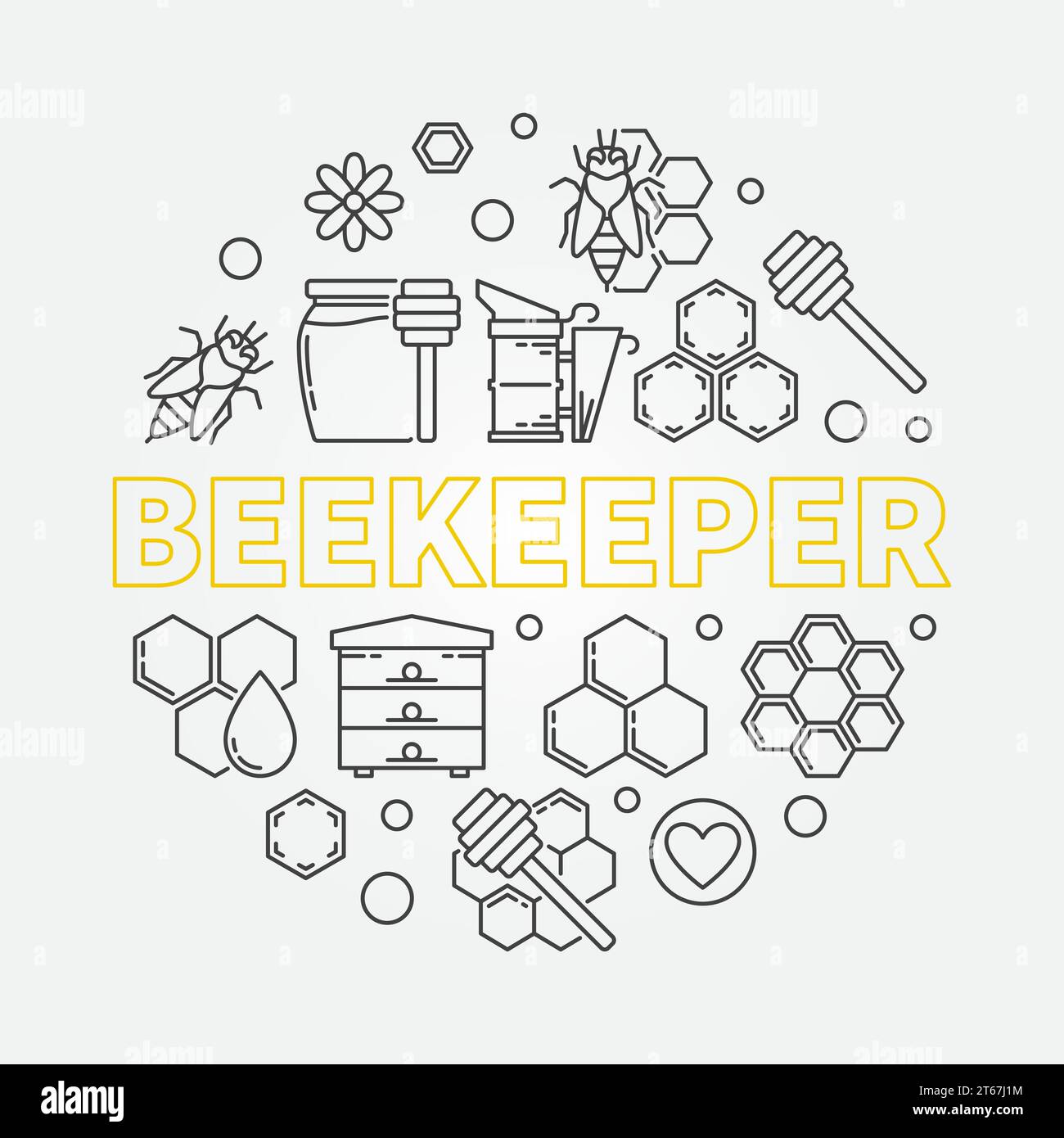 Beekeeper vector round illustration in thin line style Stock Vector