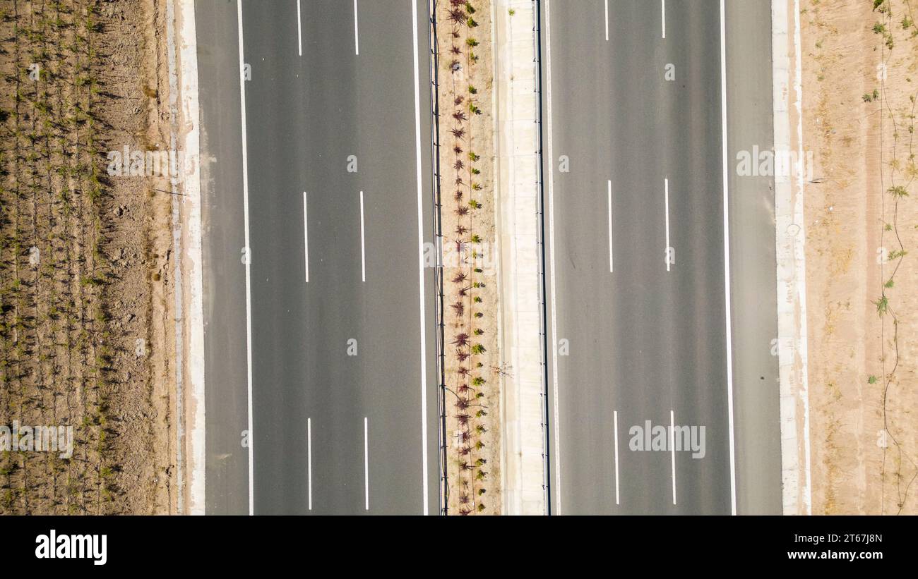 Aerial top down view of a three lane major highway. transportation concept Stock Photo