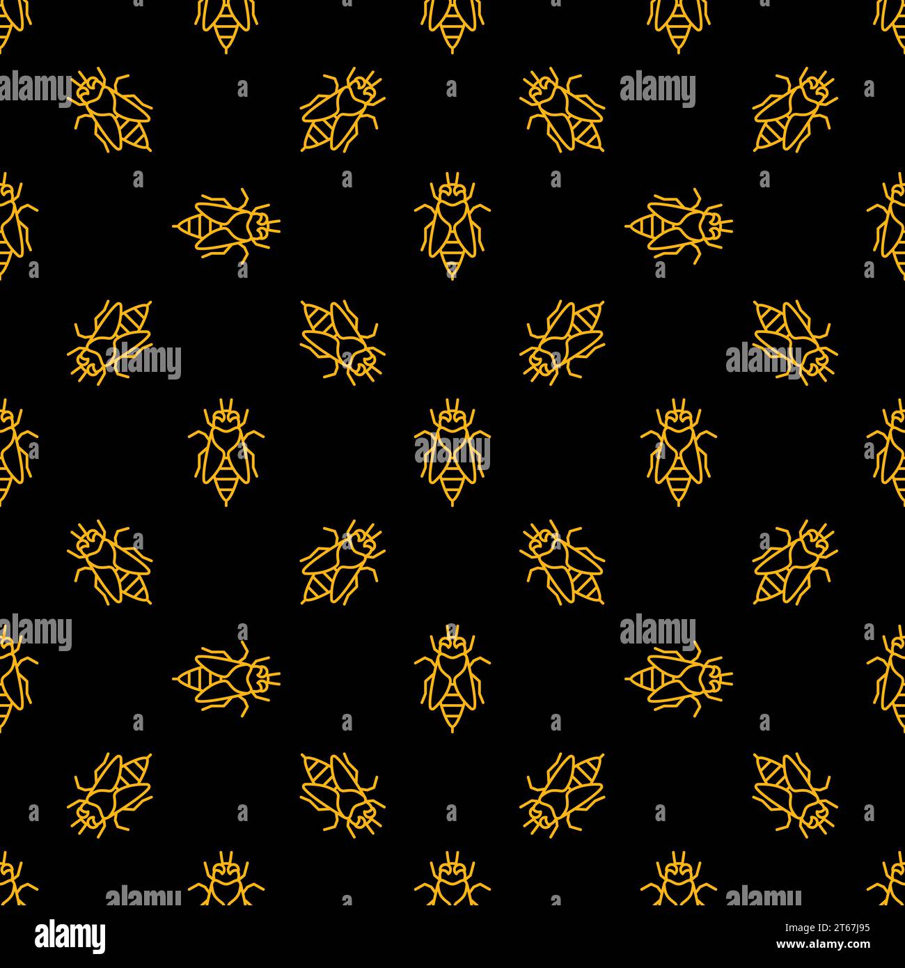 Bee vector dark seamless background or pattern in thin line style Stock Vector