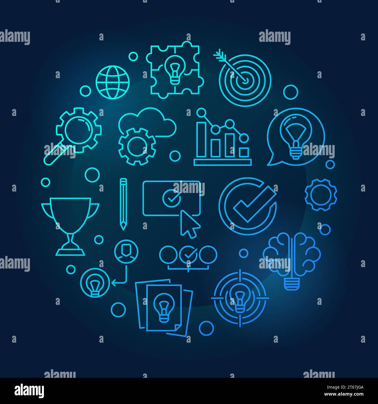 Brainstorming blue round vector thin line illustration on dark background Stock Vector