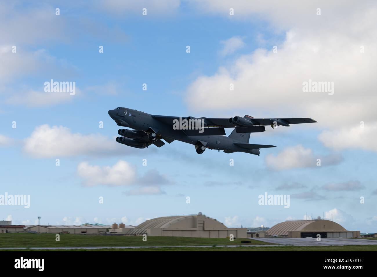 A U.S. Air Force B-52H Stratofortress takes off from Andersen Air Force Base, Guam, November 2, 2023. Photo by Nicole Ledbetter Stock Photo