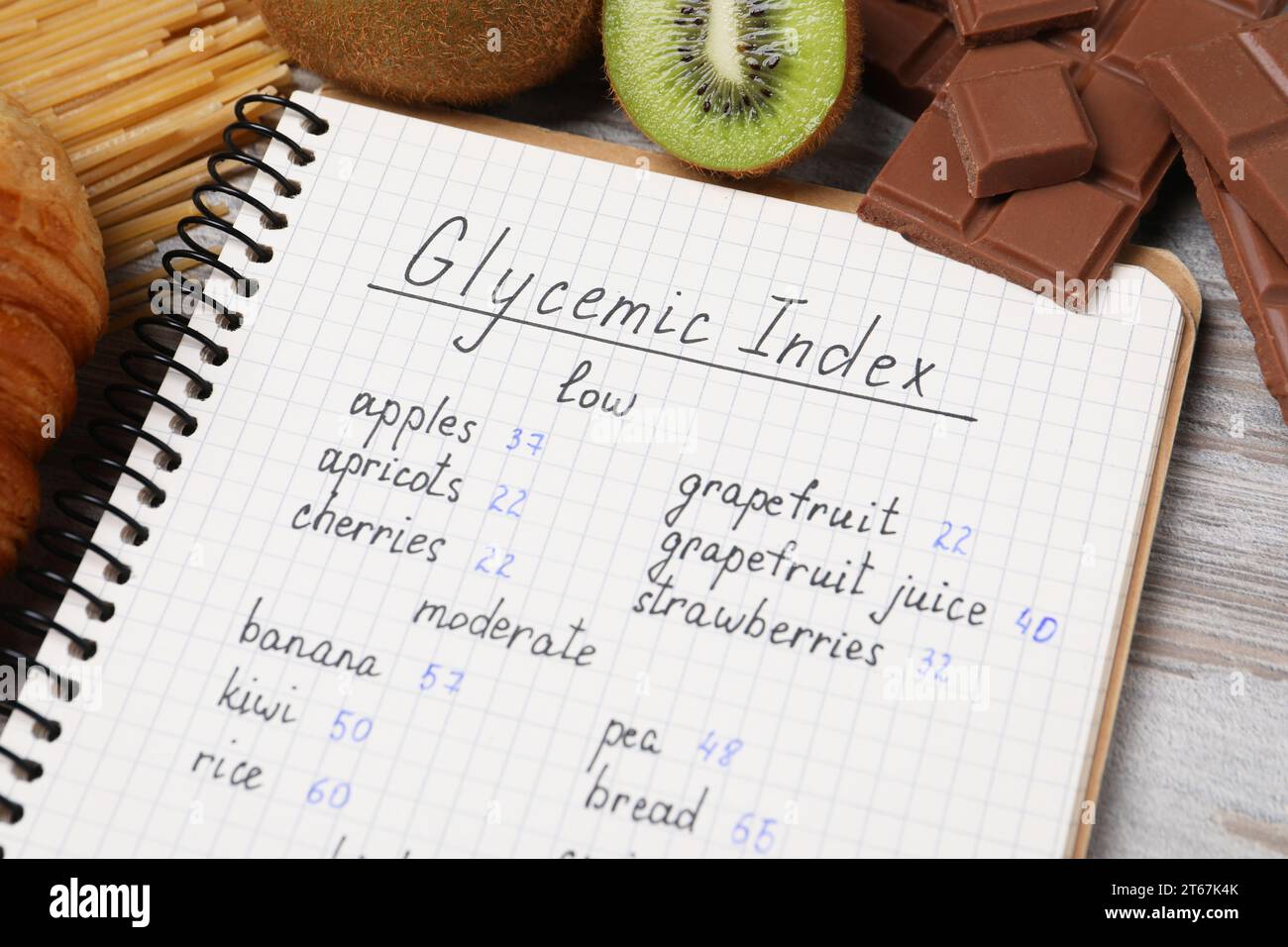 Notebook with products of low and moderate glycemic index, kiwi and chocolate on light wooden table, closeup Stock Photo