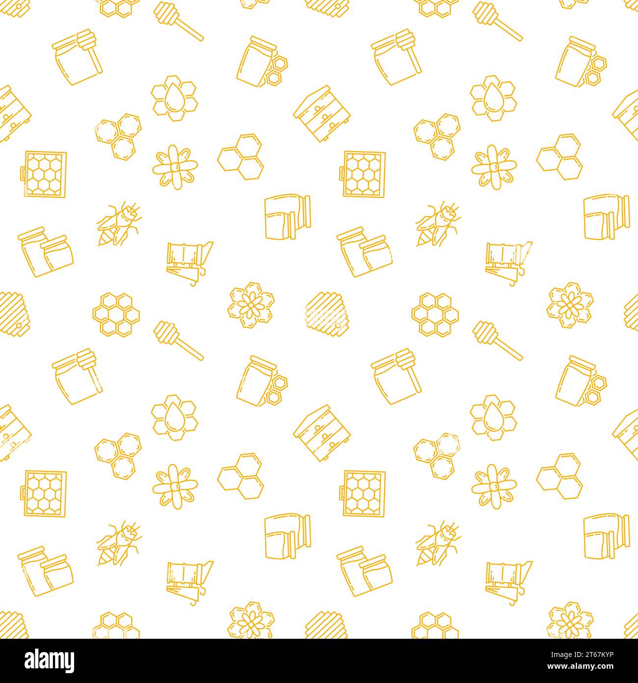Seamless vector pattern with yellow beekeeping outline icons Stock Vector