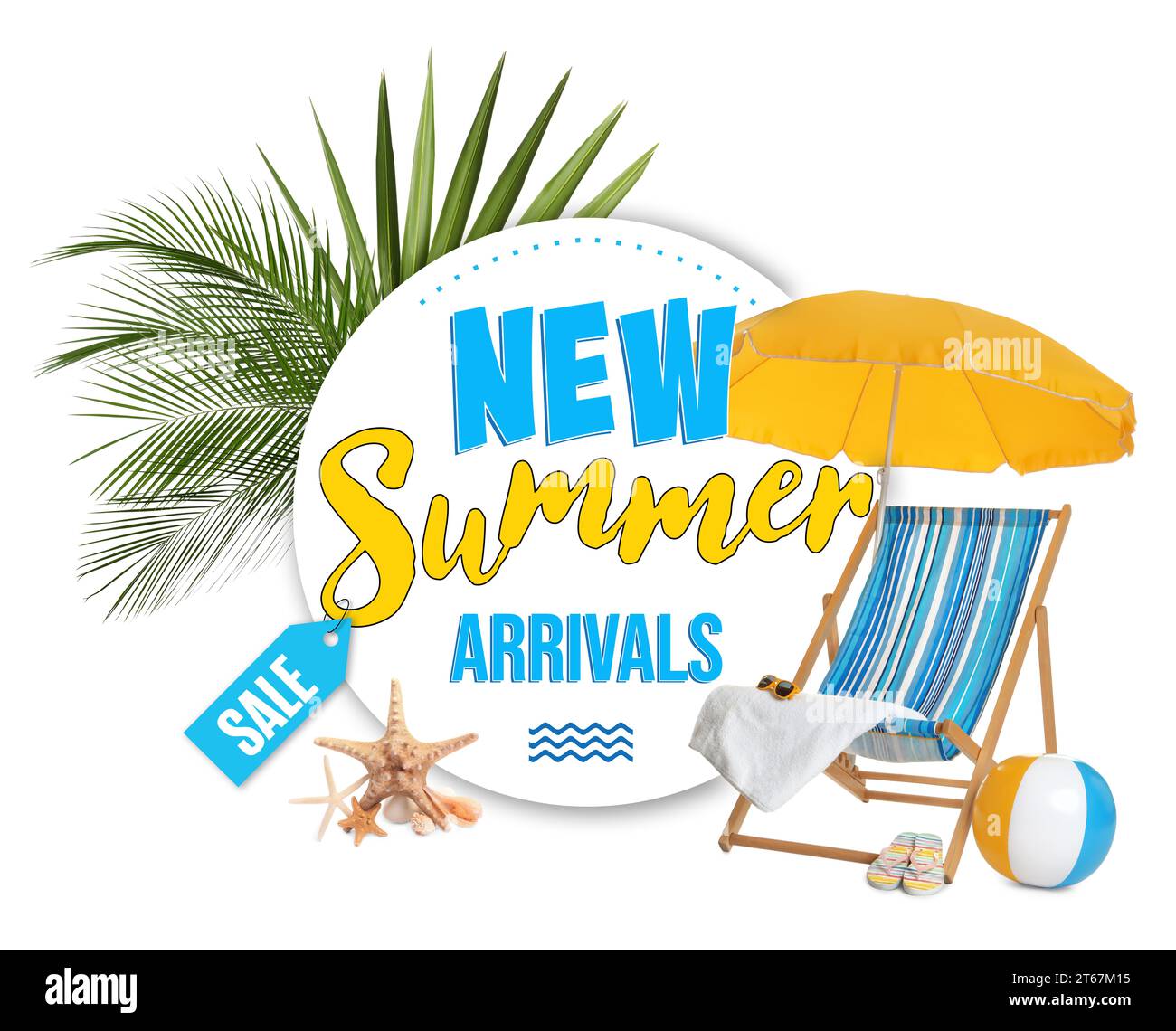 New summer arrivals flyer design. Deck chair, tropical leaves, different beach accessories and text on white background Stock Photo