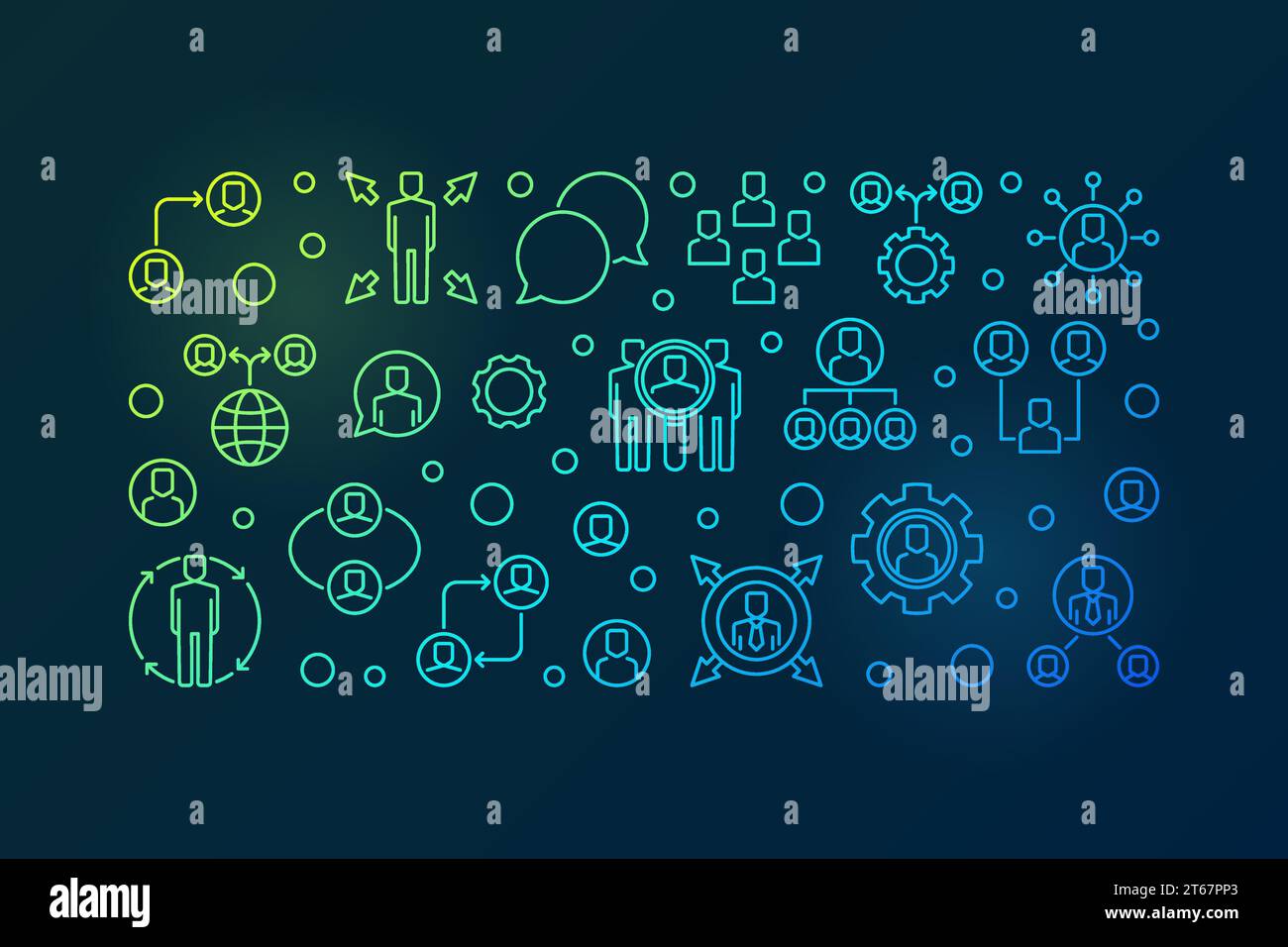 Outsourcing vector creative horizontal banner or illustration in thin line style on dark background Stock Vector