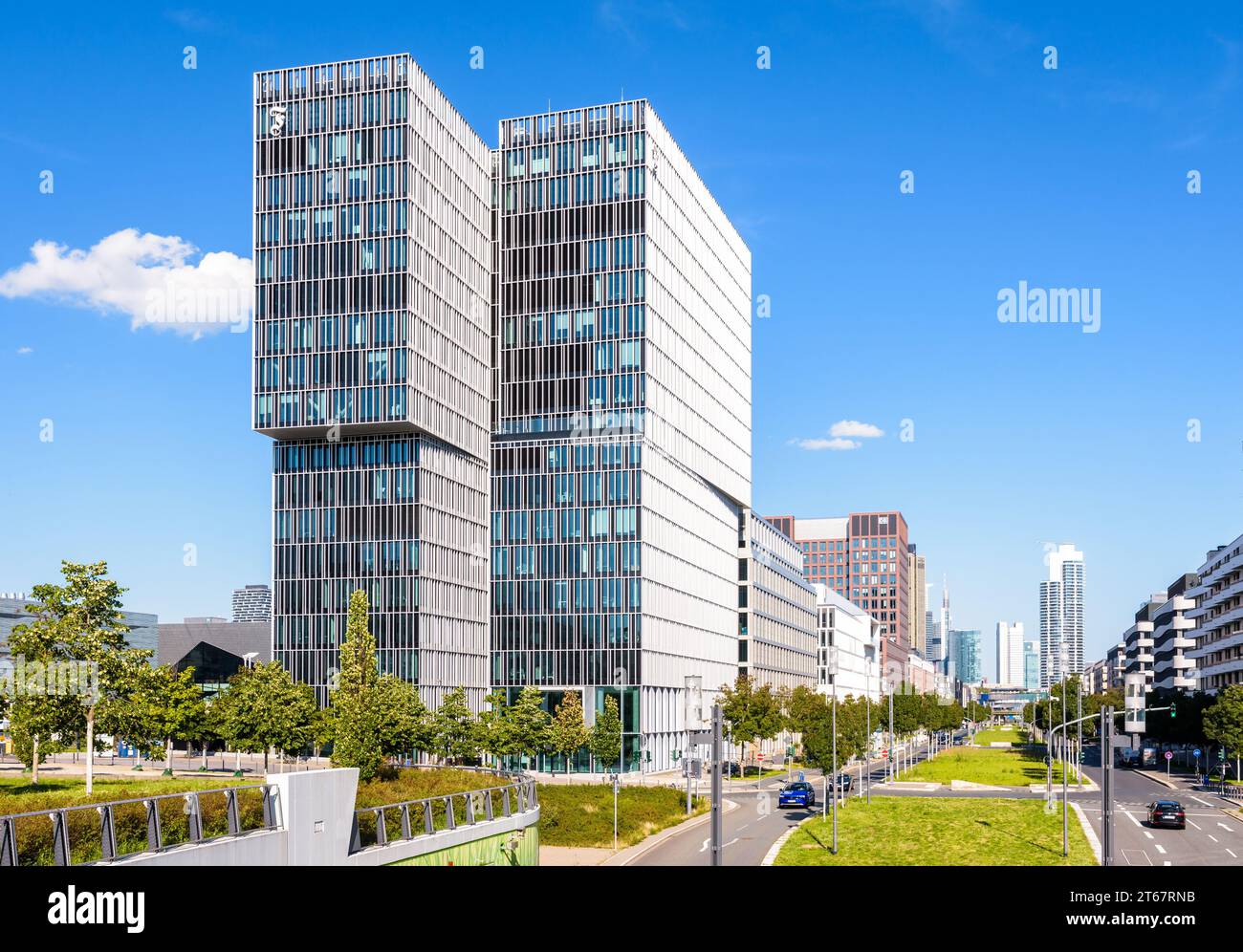 The FAZ Tower in the Europaviertel district in Frankfurt am Main, Germany, seat of the Frankfurter Allgemeine Zeitung since 2022. Stock Photo