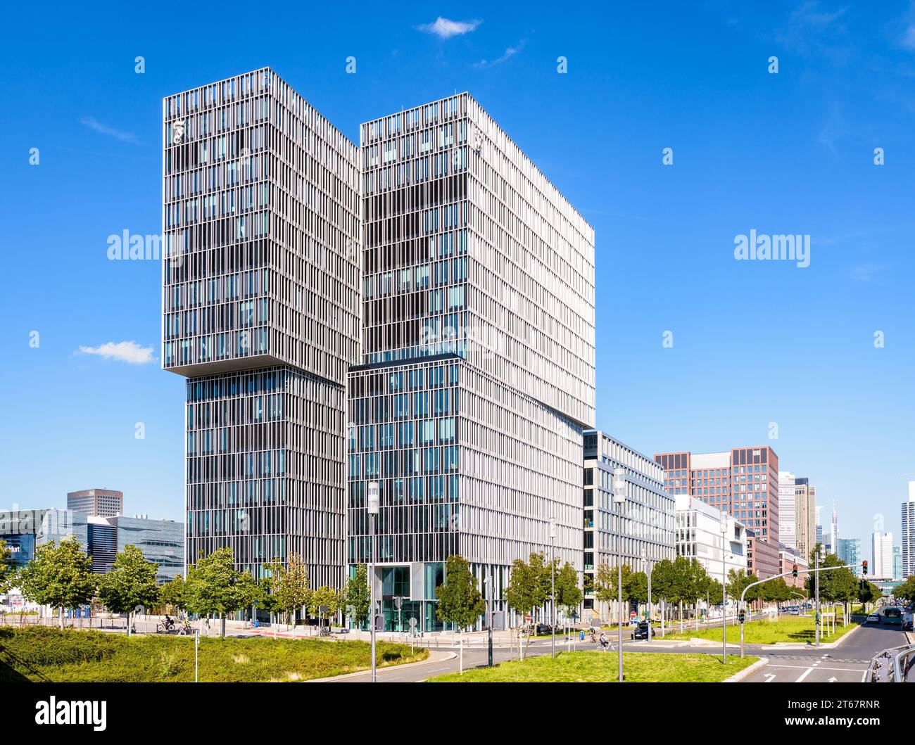 The FAZ Tower in the Europaviertel district in Frankfurt am Main, Germany, seat of the Frankfurter Allgemeine Zeitung since 2022. Stock Photo