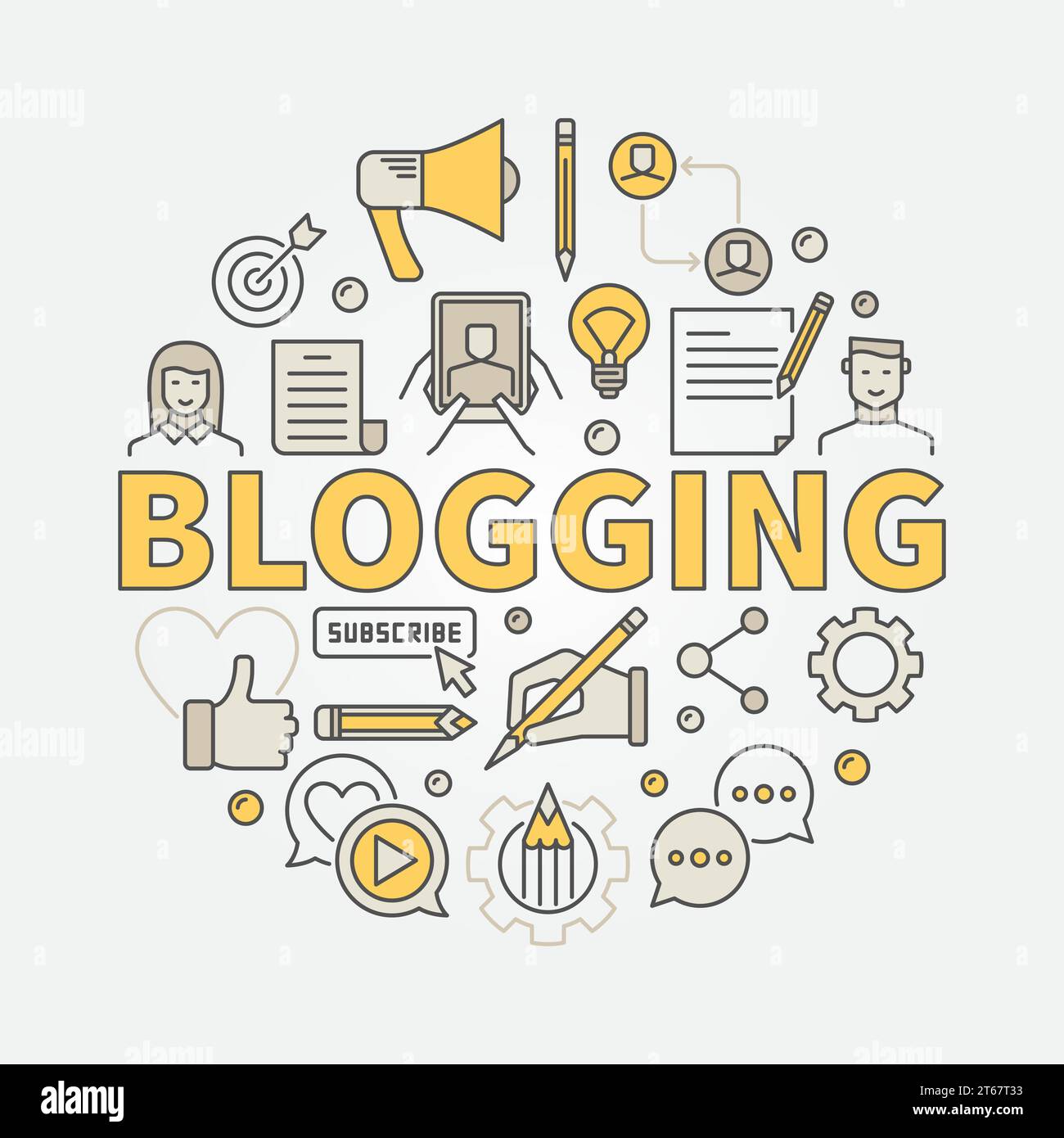 Blogging colorful illustration. Vector round symbol made with word BLOGGING and creative blog icons Stock Vector