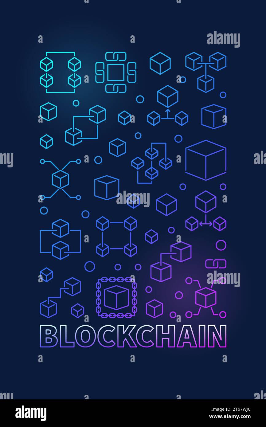 Blockchain colored vertical poster or illustration in outline style. Vector block-chain symbol on dark background Stock Vector