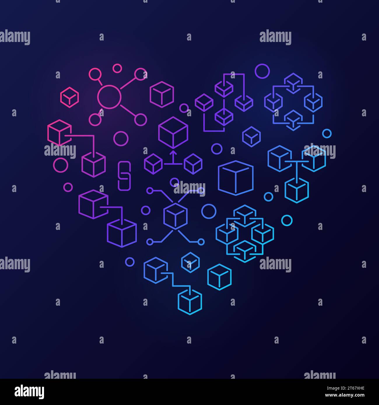 Blockchain concept colored bright heart. Modern outline abstract block chain and cube icons in heart shape. Vector illustration on dark background Stock Vector