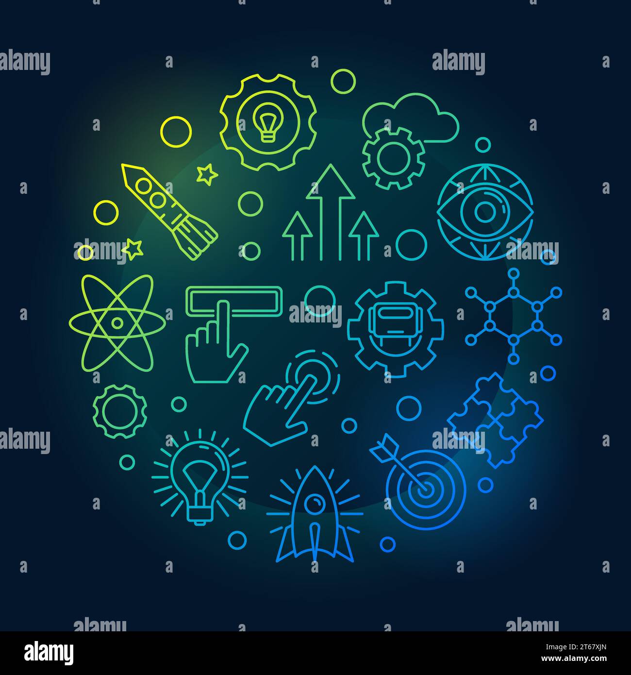 Explore vector bright round minimal concept illustration in thin line style on dark background Stock Vector