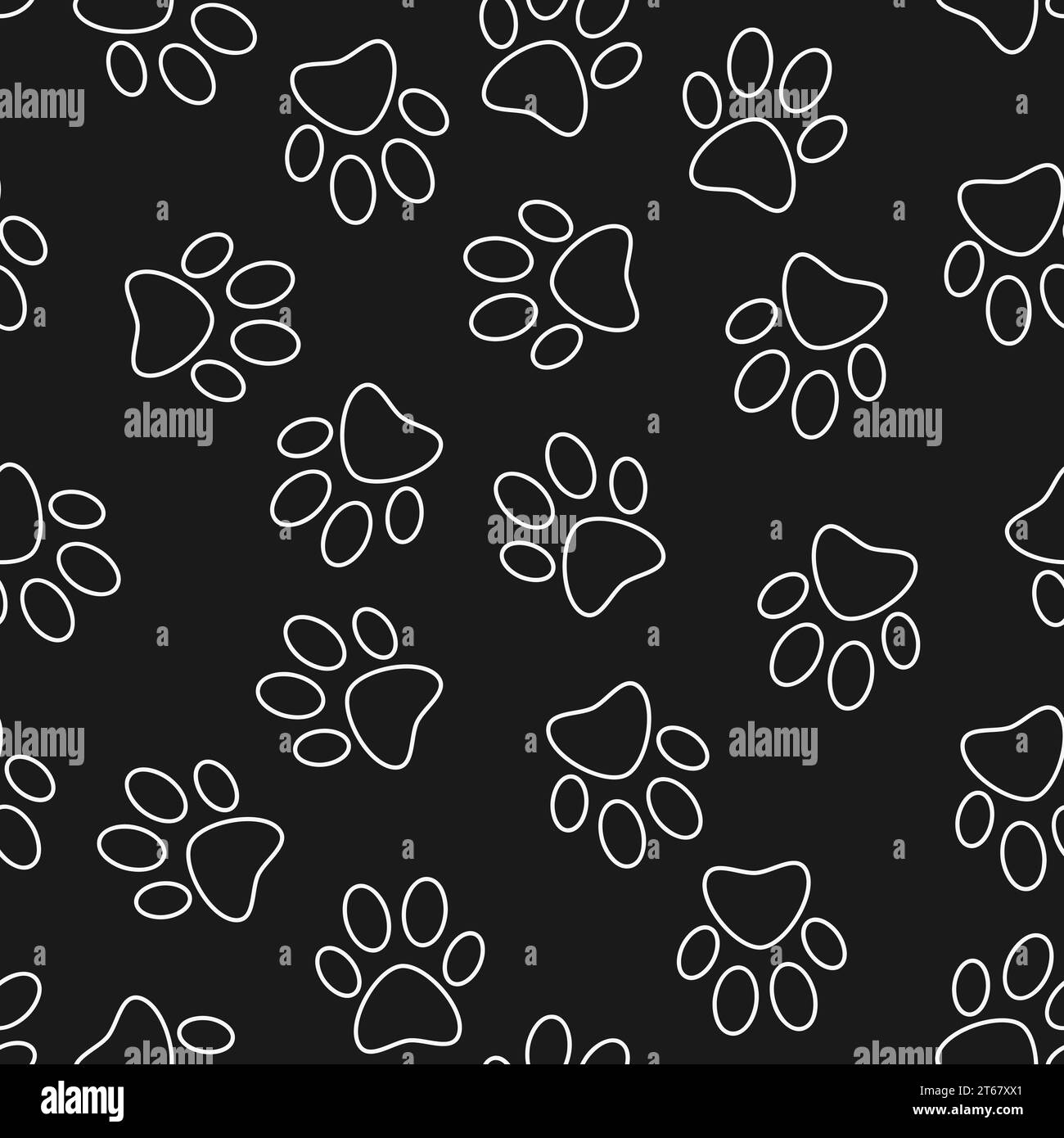 Vector cat or dog footprint dark seamless pattern in thin line style ...
