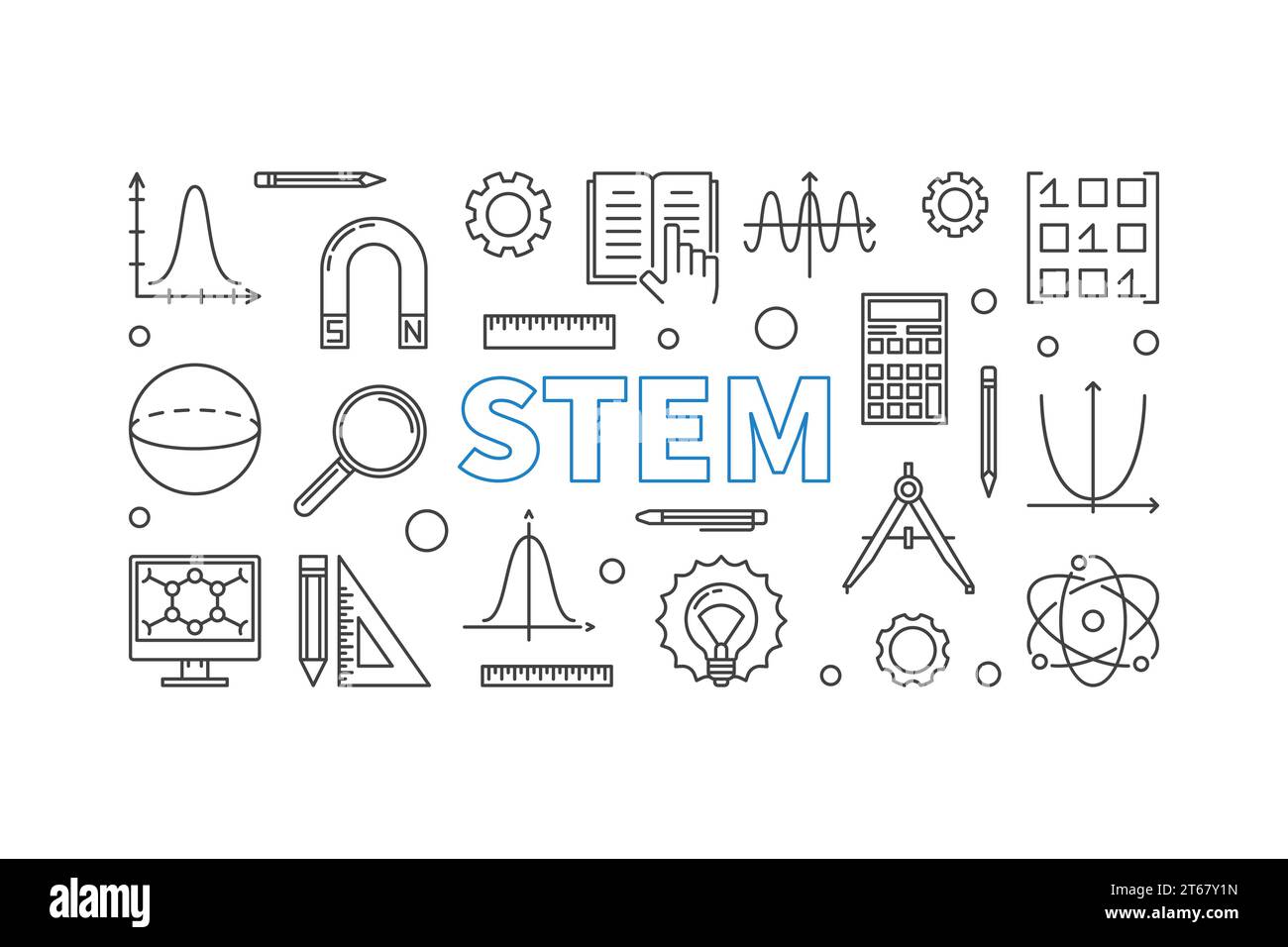 STEM modern horizontal banner in outline style. Vector science, technology, engineering, math linear illustration Stock Vector