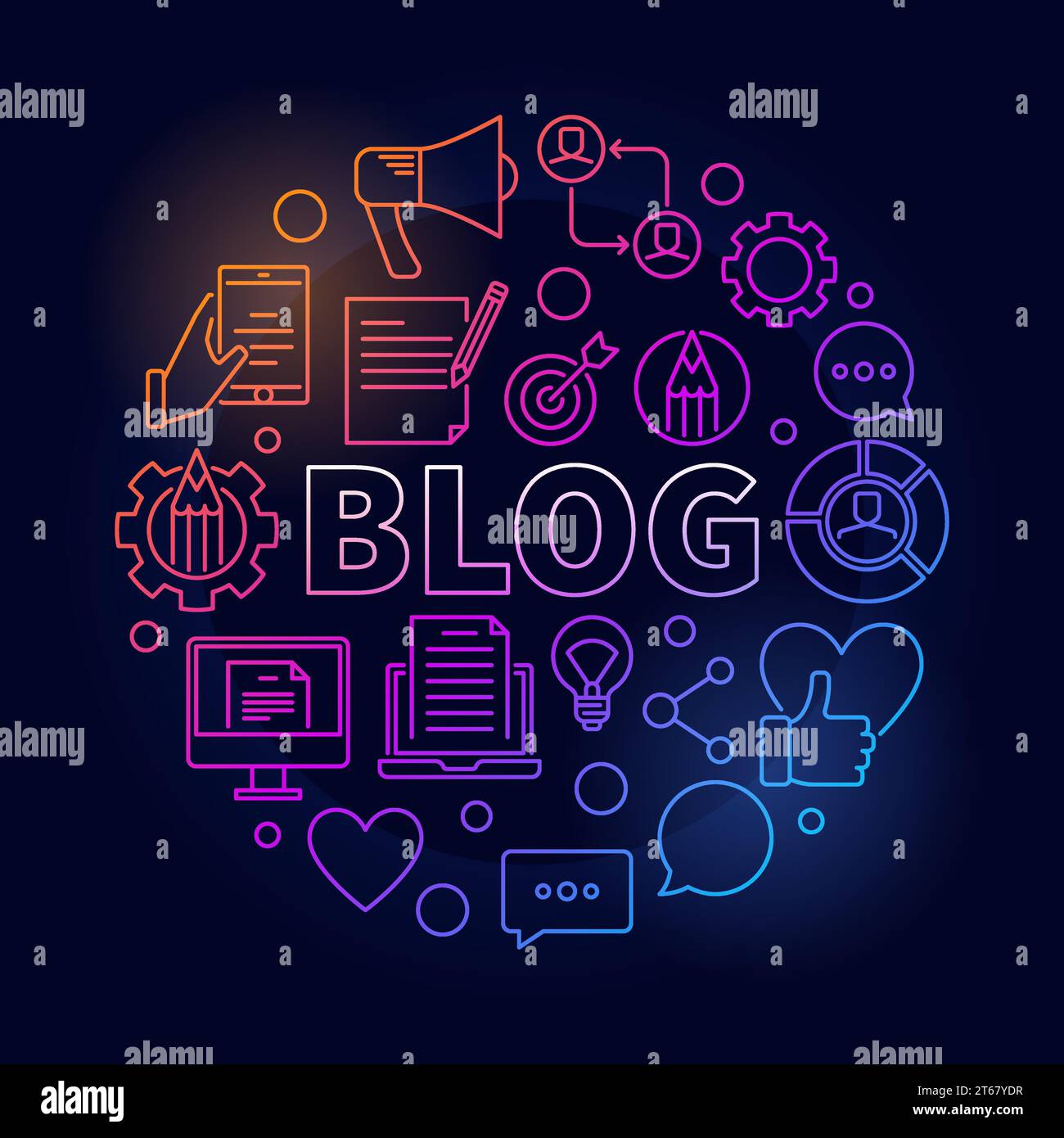 Blogging round colorful illustration - vector circular concept symbol made with word BLOG and thin line blogging icons on dark background Stock Vector