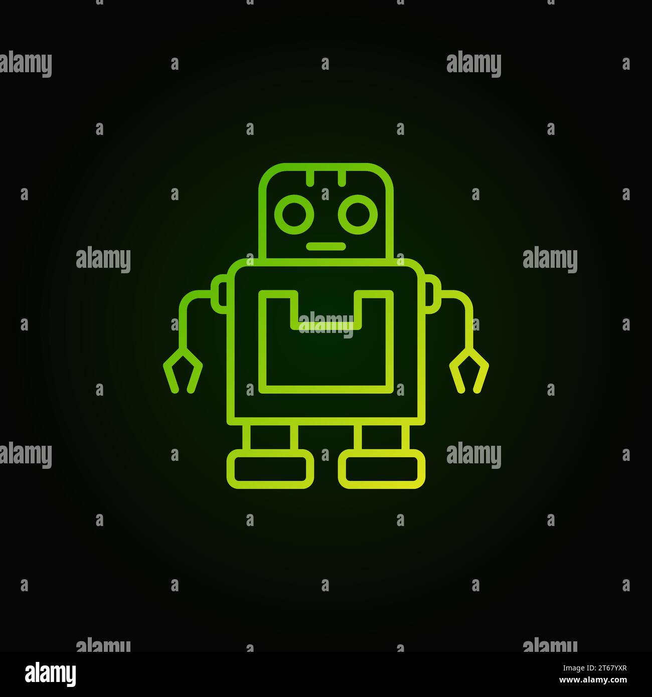Vector cute green robot icon or symbol in thin line style on dark ...