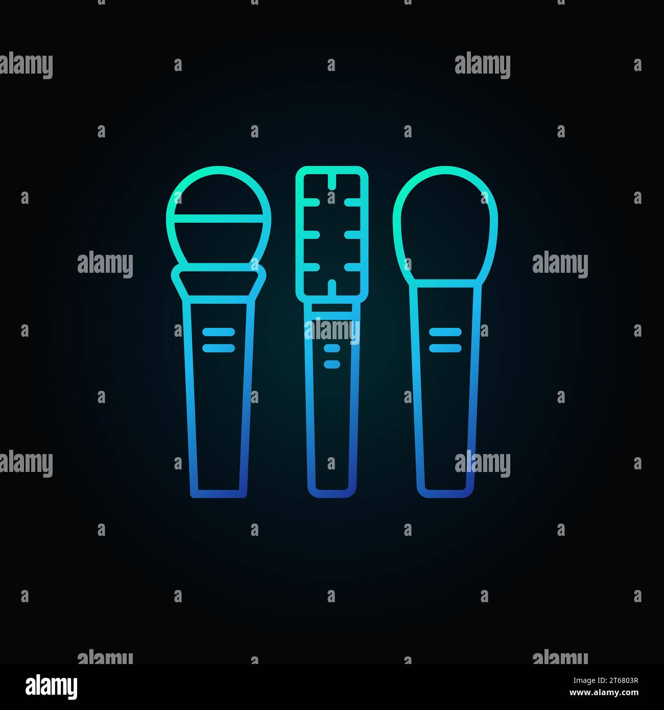 Three microphones vector blue icon or sign in thin line style on dark ...