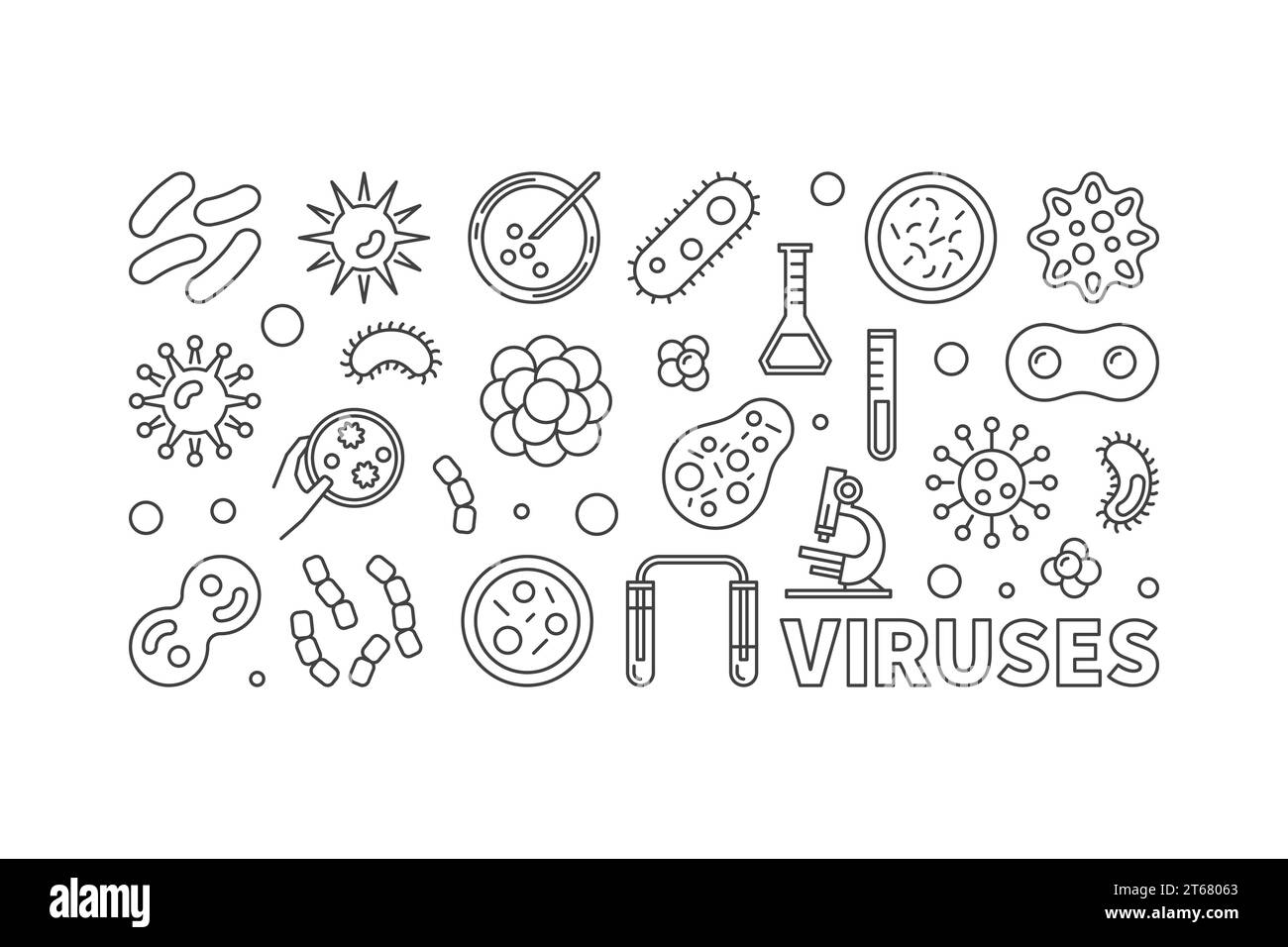 Viruses vector illustration or banner made with virus and bacteria line icons on white background Stock Vector