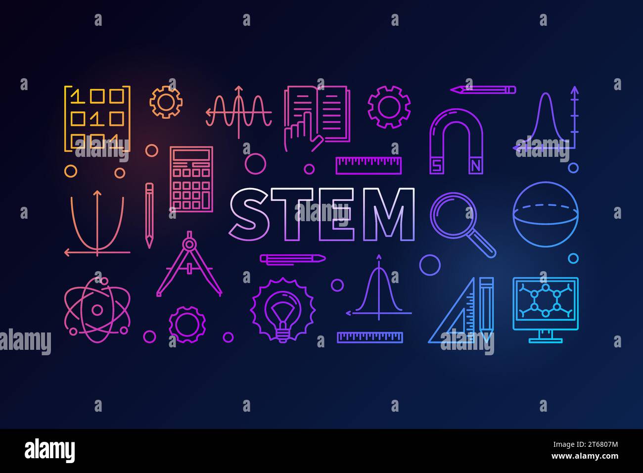 STEM creative colored banner in outline style. Vector science, technology, engineering, math linear illustration on dark background Stock Vector