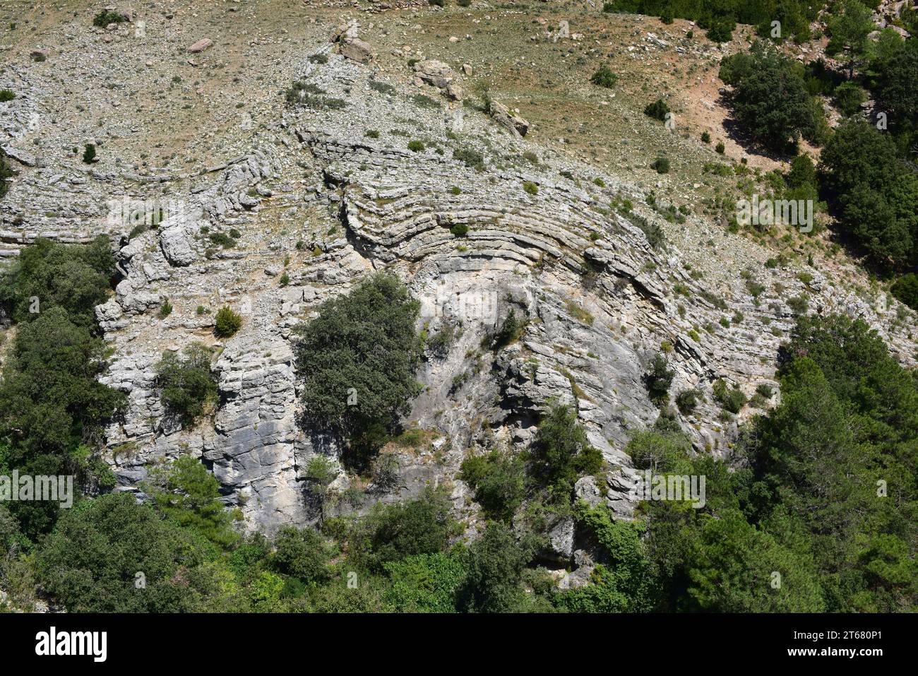 Anticline fold and fault. Ports de Tortosa-Beseit, Tarragona province, Catalonia, Spain. Stock Photo