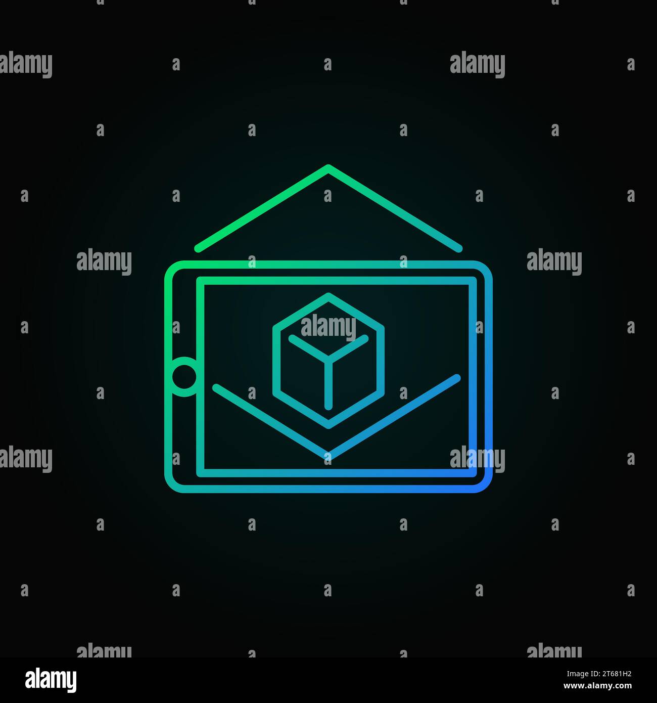 Tablet with cube outline colored icon. Augmented Reality vector linear symbol or design element on dark background Stock Vector