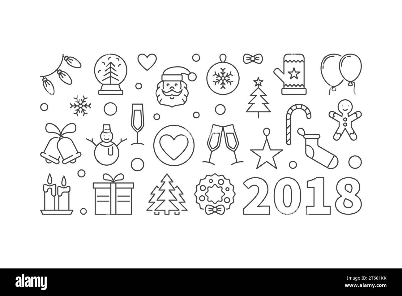 Happy New Year 2018 vector line illustration or horizontal banner on