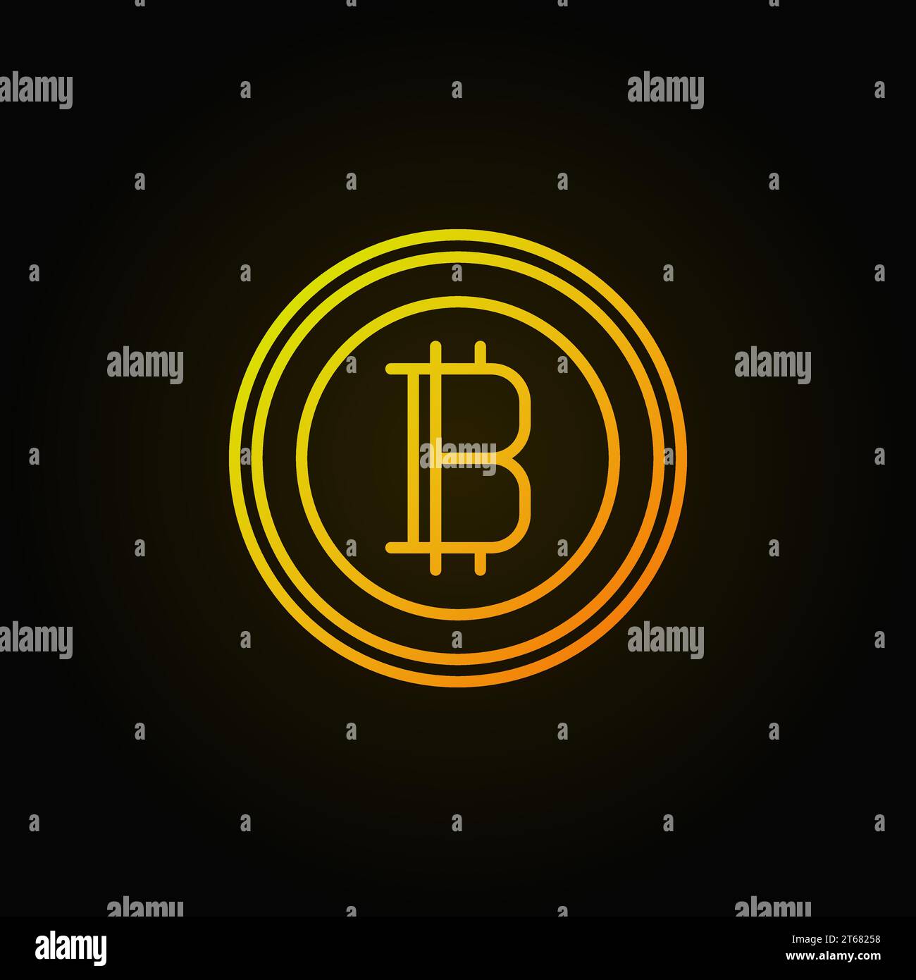 Bitcoin golden linear icon. Vector crypto currency round minimal outline symbol or logo element on dark background Stock Vector