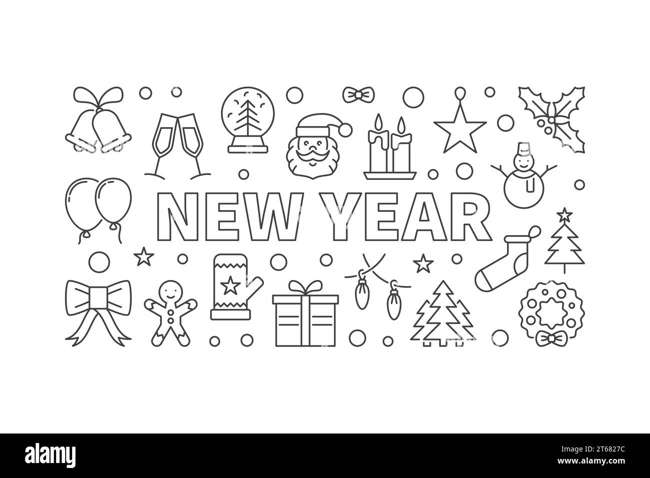 New Year vector illustration or horizontal banner in line style on ...