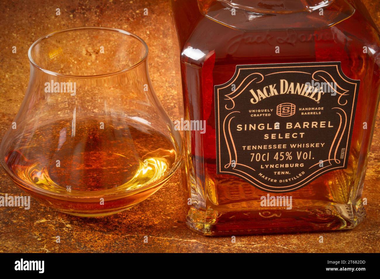 bottle of Jack Daniel's brand single barrel whiskey, closeup Stock