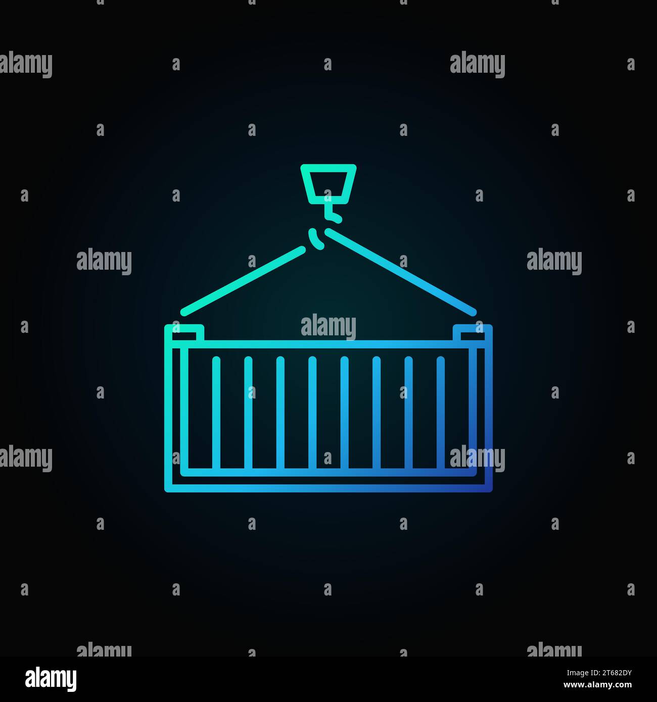 Hook with cargo container vector blue outline sign or logo element on dark background Stock Vector