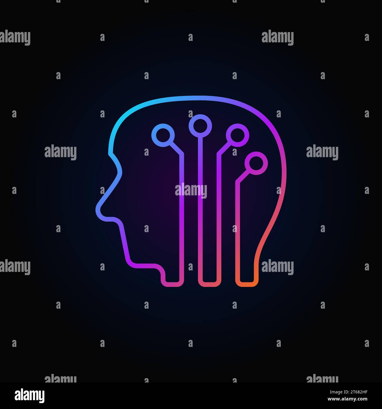 Human head with digital brain colorful icon - vector artificial intelligence outline sign or logo element on dark background Stock Vector