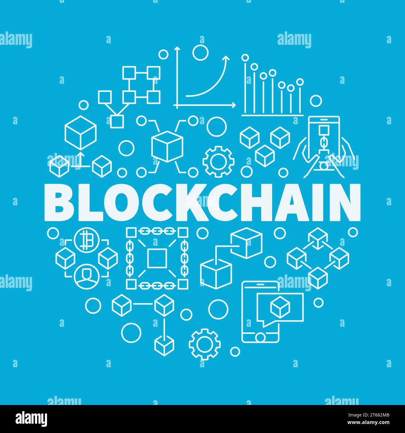 Blockchain technology linear circular vector illustration on blue background Stock Vector