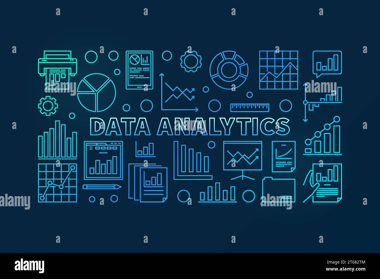 Data analytics concept vector blue horizontal banner or illustration in thin line style on dark background Stock Vector