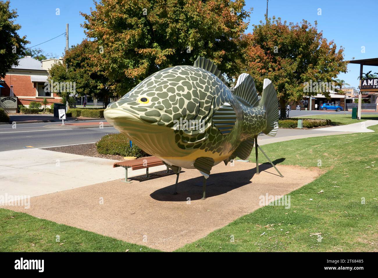 Tocumwal, New South Wales, Australia, A large model of the Iconic Murray Cod on the Banks of the Murray River Stock Photo