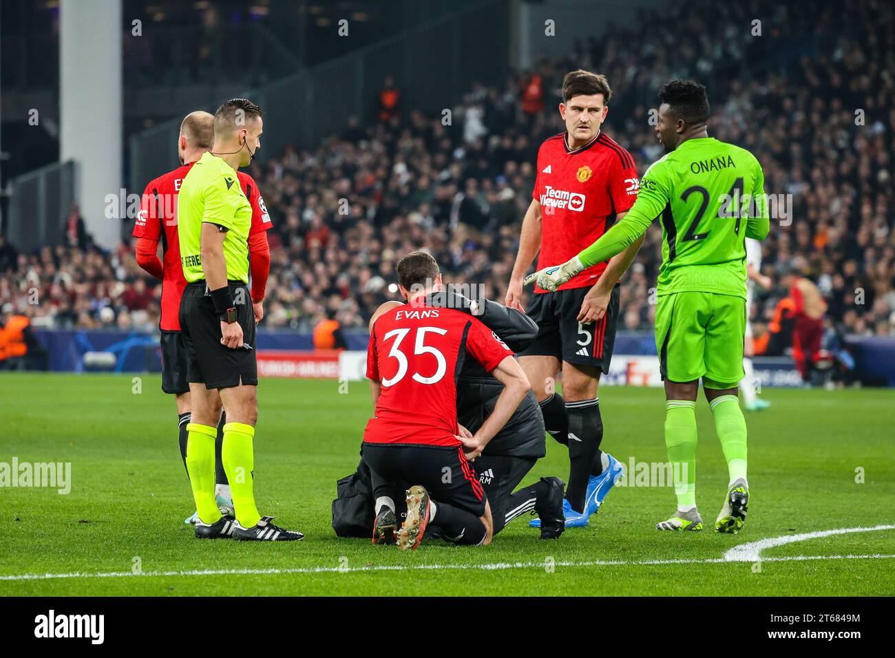 Copenhagen, Denmark. 08th Nov, 2023. Jonny Evans (35), Harry Maguire (5) and goalkeeper Andre Onana (24) of Manchester United seen during the UEFA Champions League match between FC Copenhagen and Manchester United at Parken in Copenhagen. (Photo Credit: Gonzales Photo/Alamy Live News Stock Photo