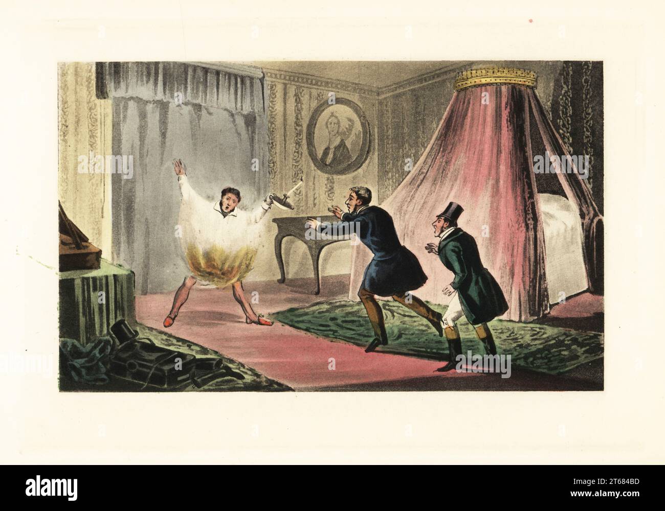 English gentleman lighting his nightshirt on fire with a candle. John Mytton, drunk, tried to cure his hiccoughs by setting his clothes on fire. He was saved by two men in his bedroom. Damn this hiccup! Chromolithographic facsimile of an illustration by Henry Thomas Alken from Memoirs of the Life of the Late John Mytton by Nimrod aka Charles James Apperley, Kegan Paul, London, 1900. Stock Photo