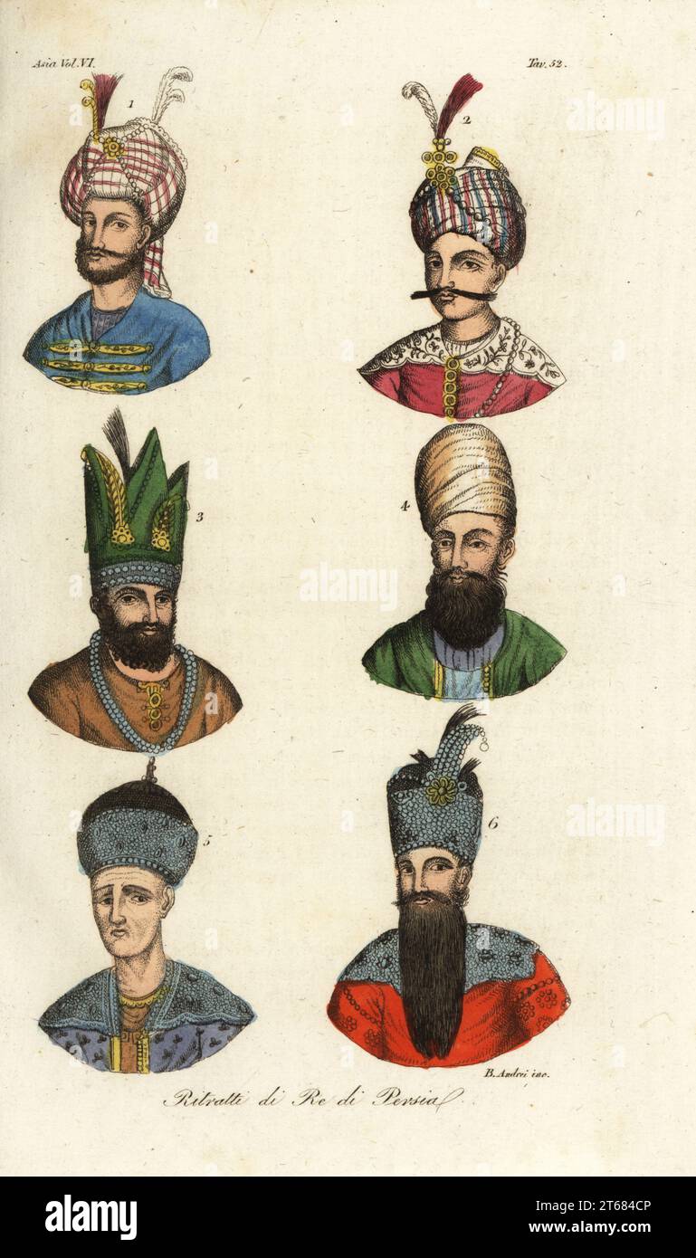 Portraits of the Kings of Persia. Shah Tahmasp 1, Shah Abbas the Great 2, Nadir Shah 3, Mohammad Karim Khan Zand 4. Agha Mohammad Khan Qajar 5 and Fath-Ali Shah Qajar 6. Ritratti di Re de Persia. Handcoloured copperplate engraving by B. Andrei from Giulio Ferrarios Costumes Ancient and Modern of the Peoples of the World, Il Costume Antico e Moderno, Florence, 1847. Stock Photo