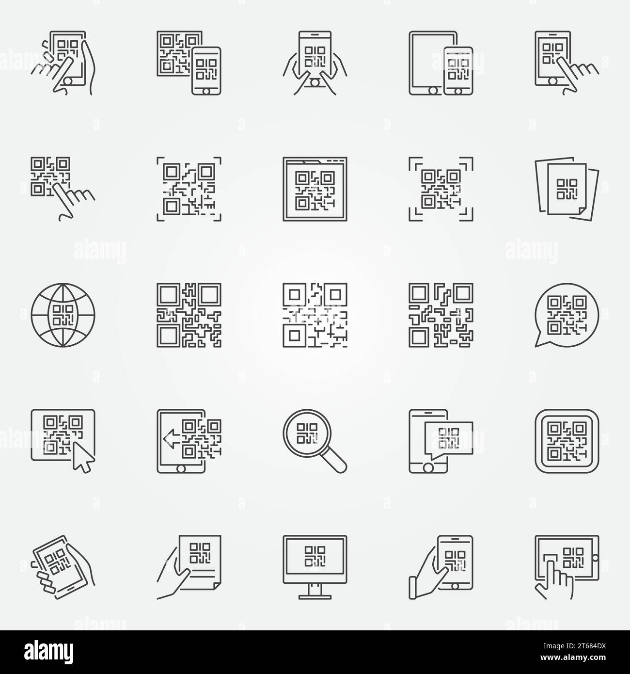QR Code icons set. Vector collection of quick response code concept symbols or design elements in thin line style Stock Vector